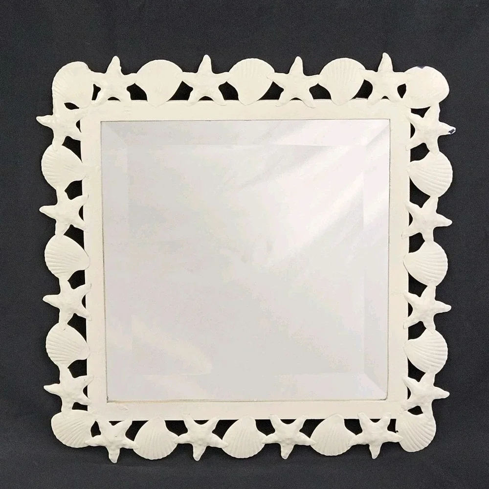 Vintage Seashell Beveled Mirror Starfish Metal Frame Palm Beach Nautical Coastal